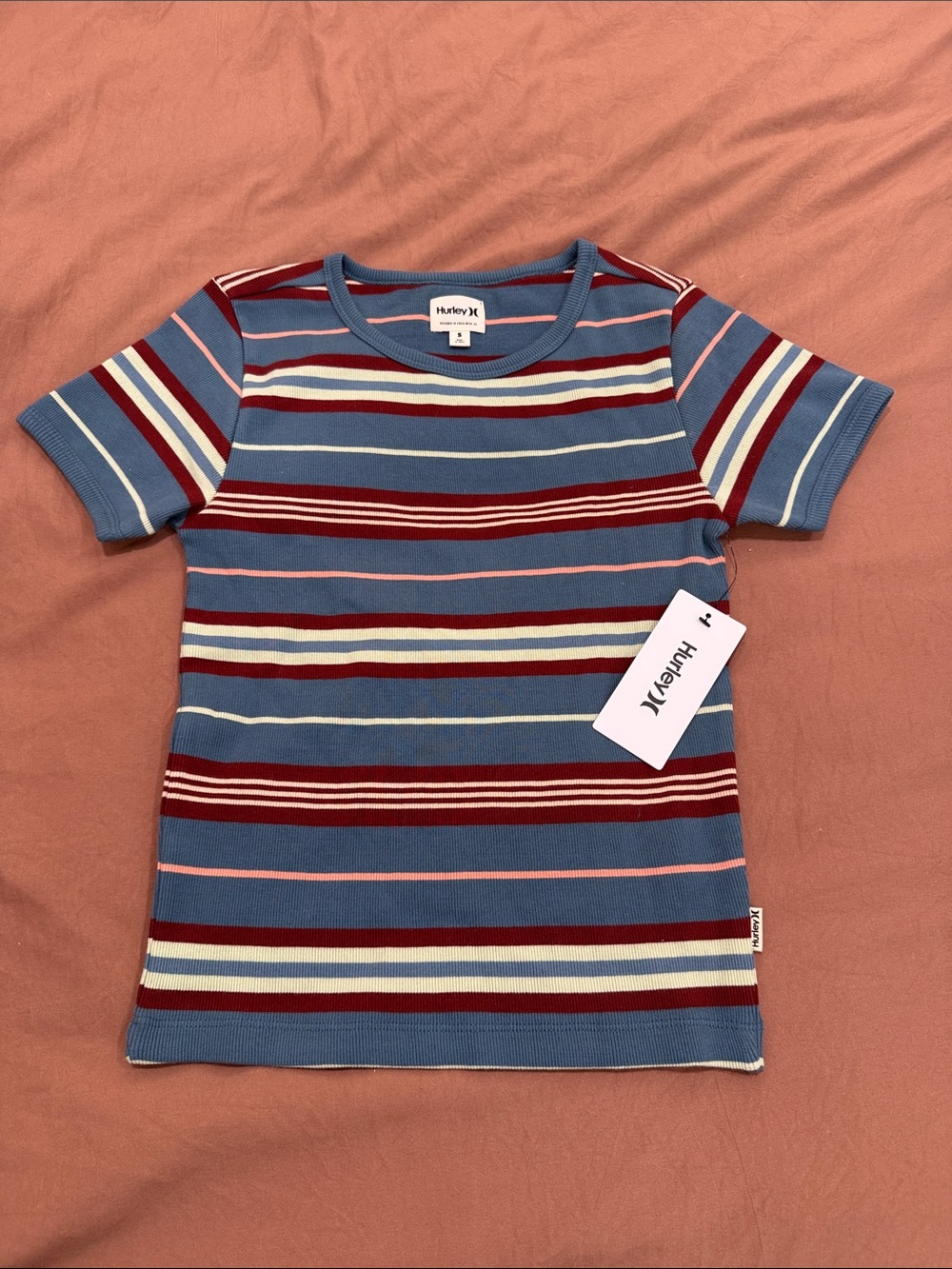 Hurley Blue Striped Short Sleeve Tee with Red and Cream Accents